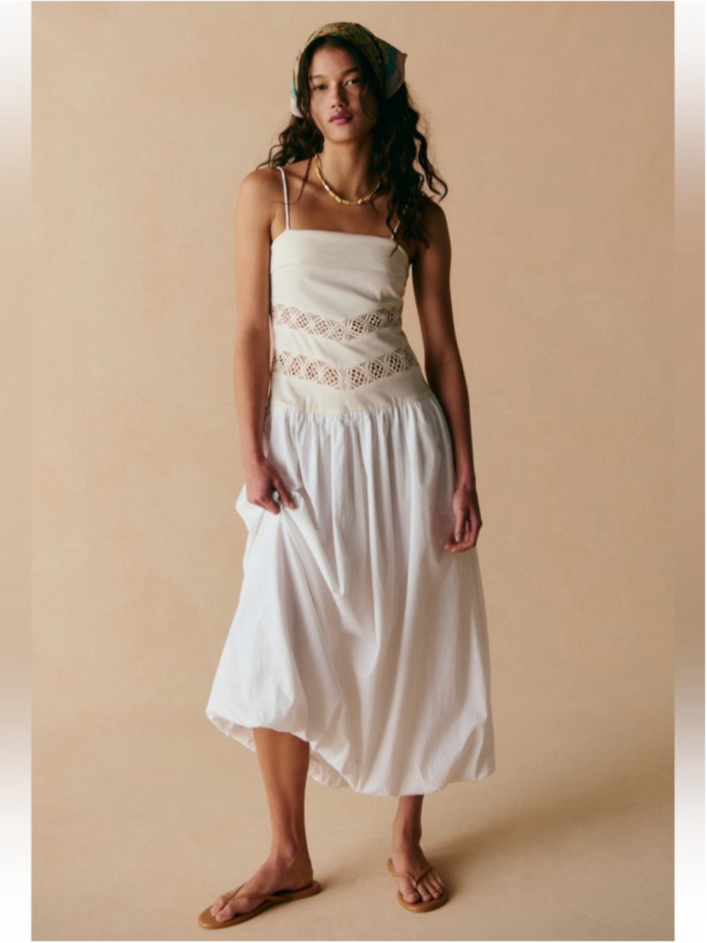 Free People Starheart Crochet Inset Waist Bubble Hem Midi Dress White Size XL - Picture 3 of 14